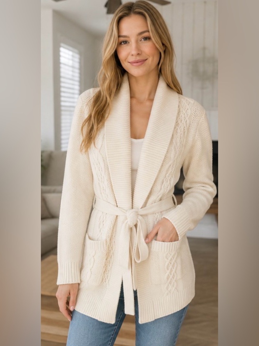 Calvin Klein Cream Cable Knit Belted Cardigan Sweater Size L – Like New